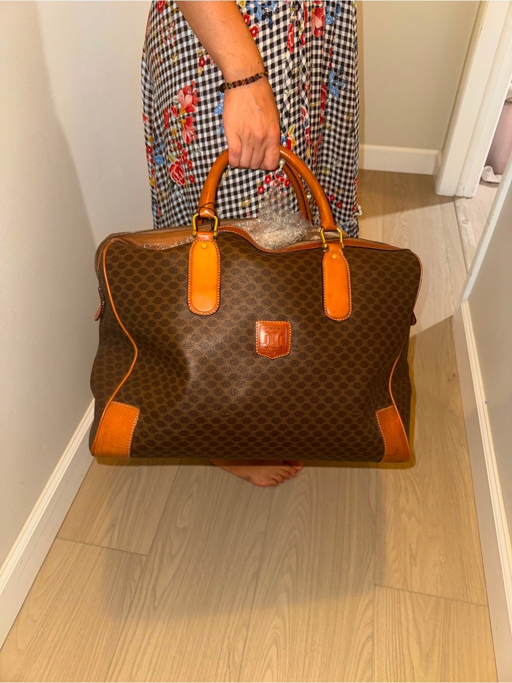 Macadam Celine Brown Monogram Travel Weekender with Tan Leather Trim